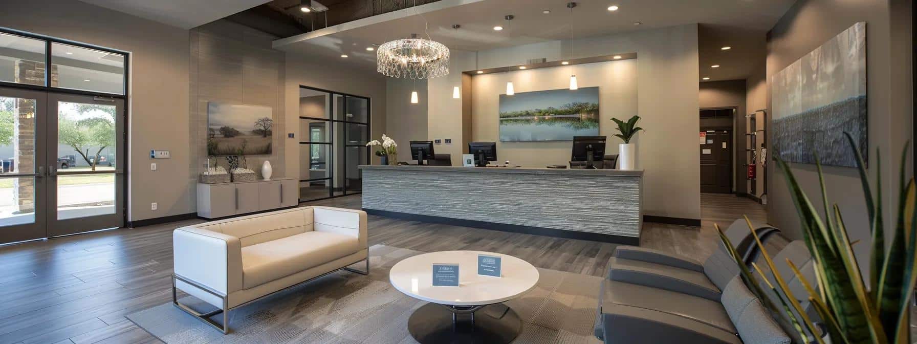 a modern dental clinic reception area in granbury, texas, featuring a friendly atmosphere with an emphasis on informative brochures about affordable dental implants prominently displayed.