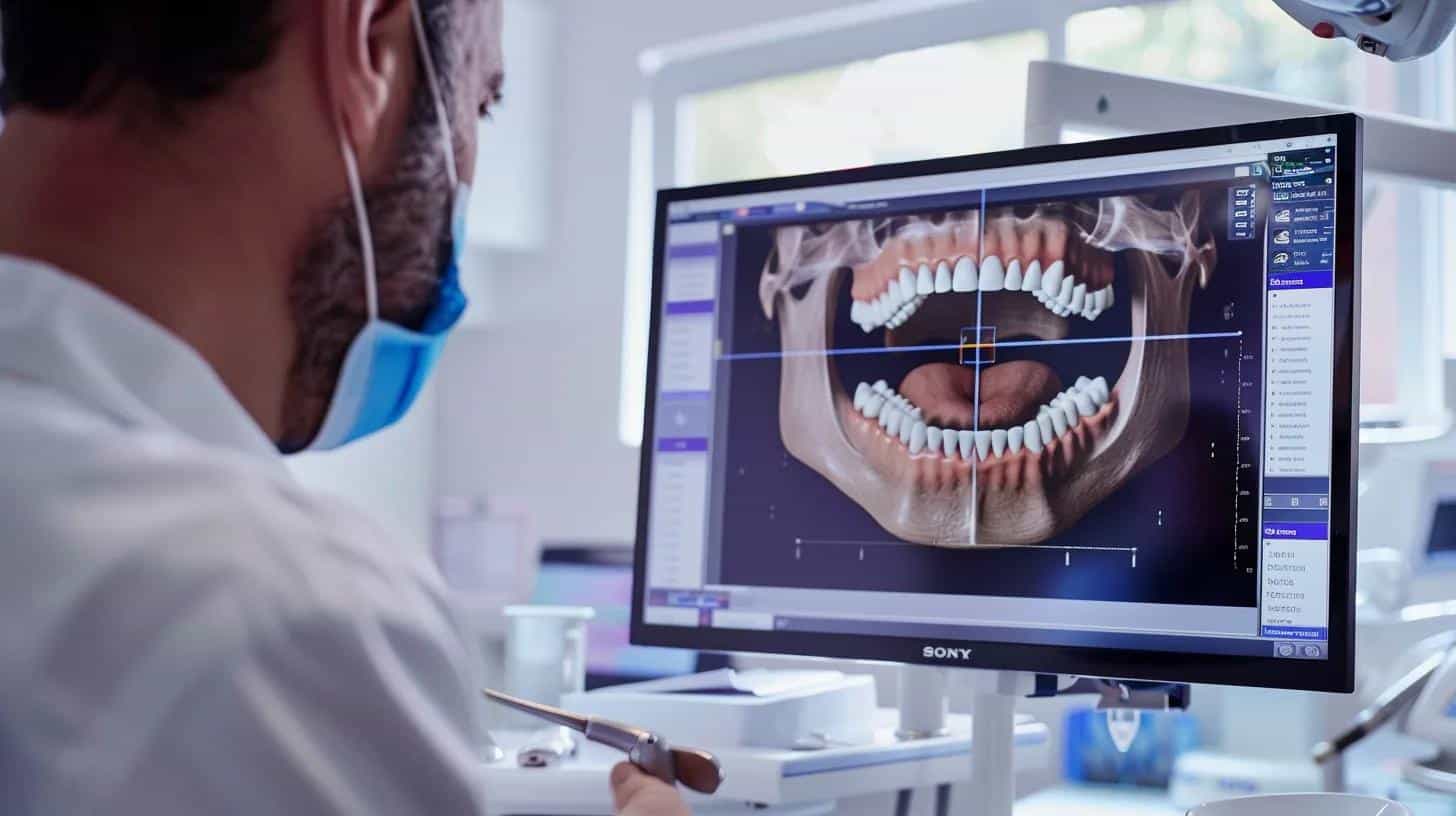 a modern dental clinic setting showcases a focused dental professional examining a high-resolution digital monitor displaying detailed images of a patient's dental implants, emphasizing advanced treatment options for addressing complications with precision and expertise.