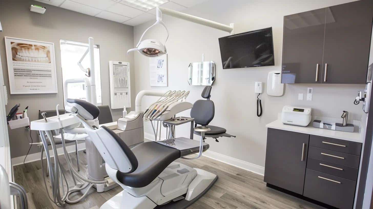 a modern dental office equipped with advanced technology, showcasing a confident patient discussing healthy dietary habits with a professional dentist, surrounded by vibrant educational charts highlighting the benefits of nutrients for dental implant success.