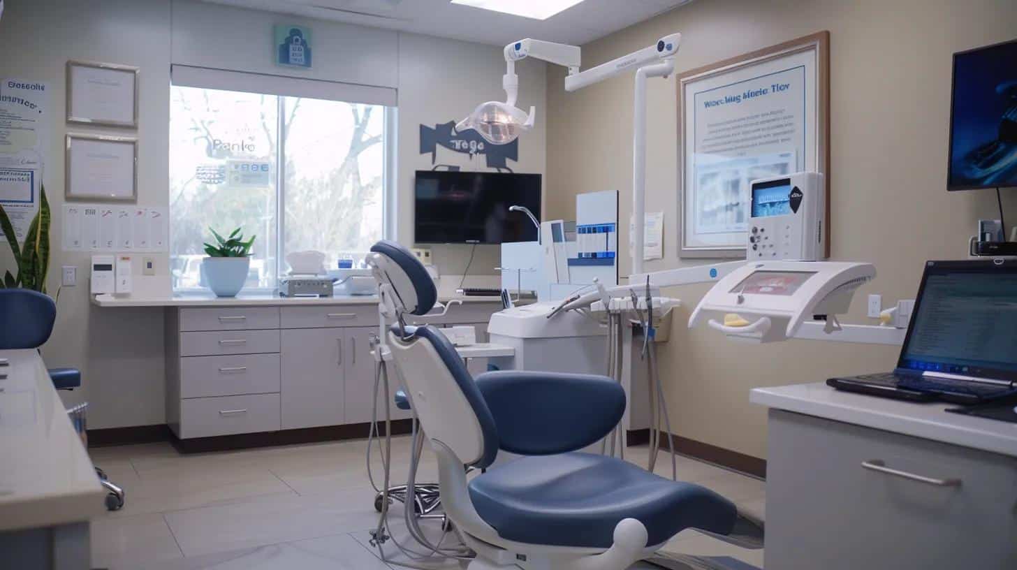 a modern dental office interior captures a focused dental professional examining a patient’s dental implant with visible signs of discomfort, surrounded by advanced diagnostic equipment and clinical charts that emphasize the importance of recognizing early warning signs of implant failure.