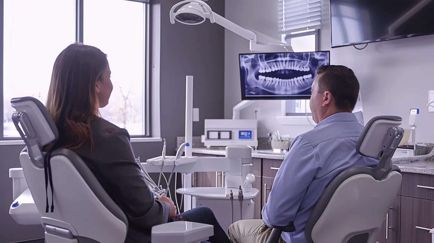 a modern dental office showcases a confident patient actively engaging in a consultation with a dentist, surrounded by advanced dental tools and educational materials emphasizing best practices for dental implant aftercare.