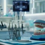 a polished dental office setting showcases a gleaming dental implant model alongside an array of high-tech oral hygiene tools, illuminated by bright led lighting to emphasize the importance of meticulous care for longevity.