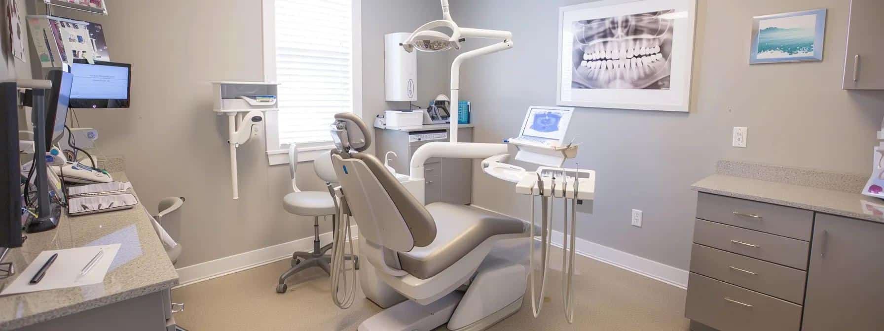 a professional dental consultation room featuring a sleek orthodontic chair, bright clinical lighting, and informative brochures on dentures and dental implants displayed prominently, conveying a warm and inviting atmosphere for patients seeking answers.