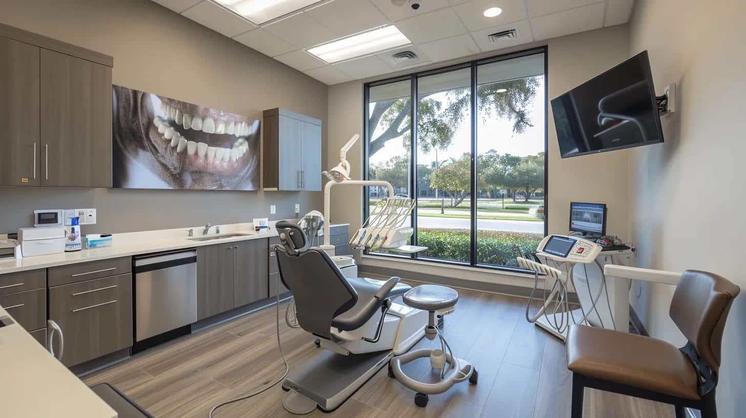 a sleek, contemporary dental office in lake worth, highlighted with modern dental equipment, features an inviting consultation area where a confident patient discusses the benefits of dental implants over traditional dentures and bridges with a knowledgeable dental professional.