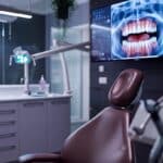 a sleek dental office scene showcases a polished dental chair beside a high-tech examination station, with a comparison chart of dental implants and traditional dentures prominently displayed on a digital screen in the background.