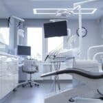 a sleek, modern dental clinic interior showcases a confident patient smiling broadly with a radiant set of dental implants, surrounded by high-tech dental equipment and a clean, inviting atmosphere.
