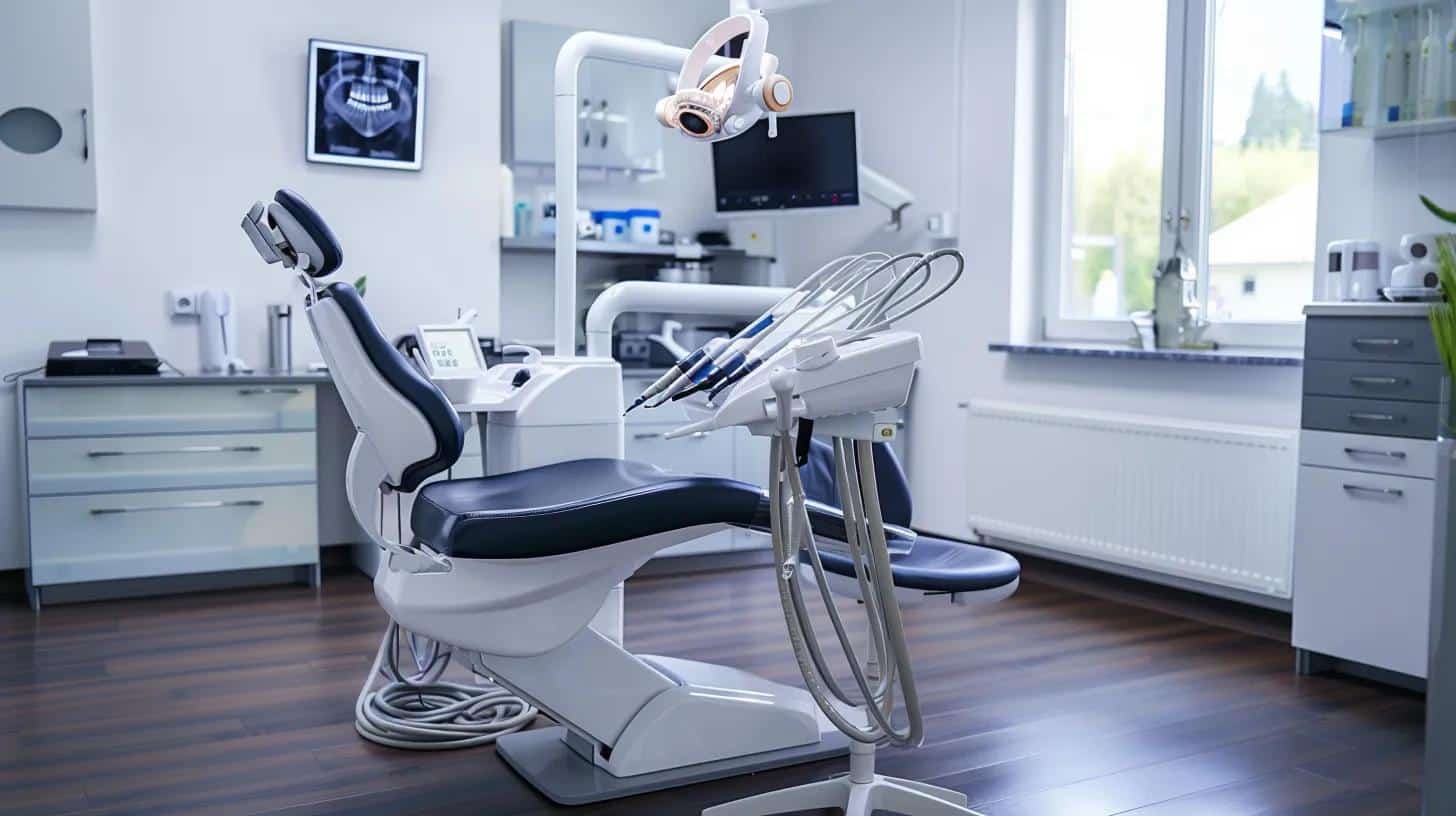 a sleek, modern dental clinic featuring a confident patient in a dental chair, surrounded by high-tech equipment and a bright, professional atmosphere, showcasing the advanced dental implant procedure.