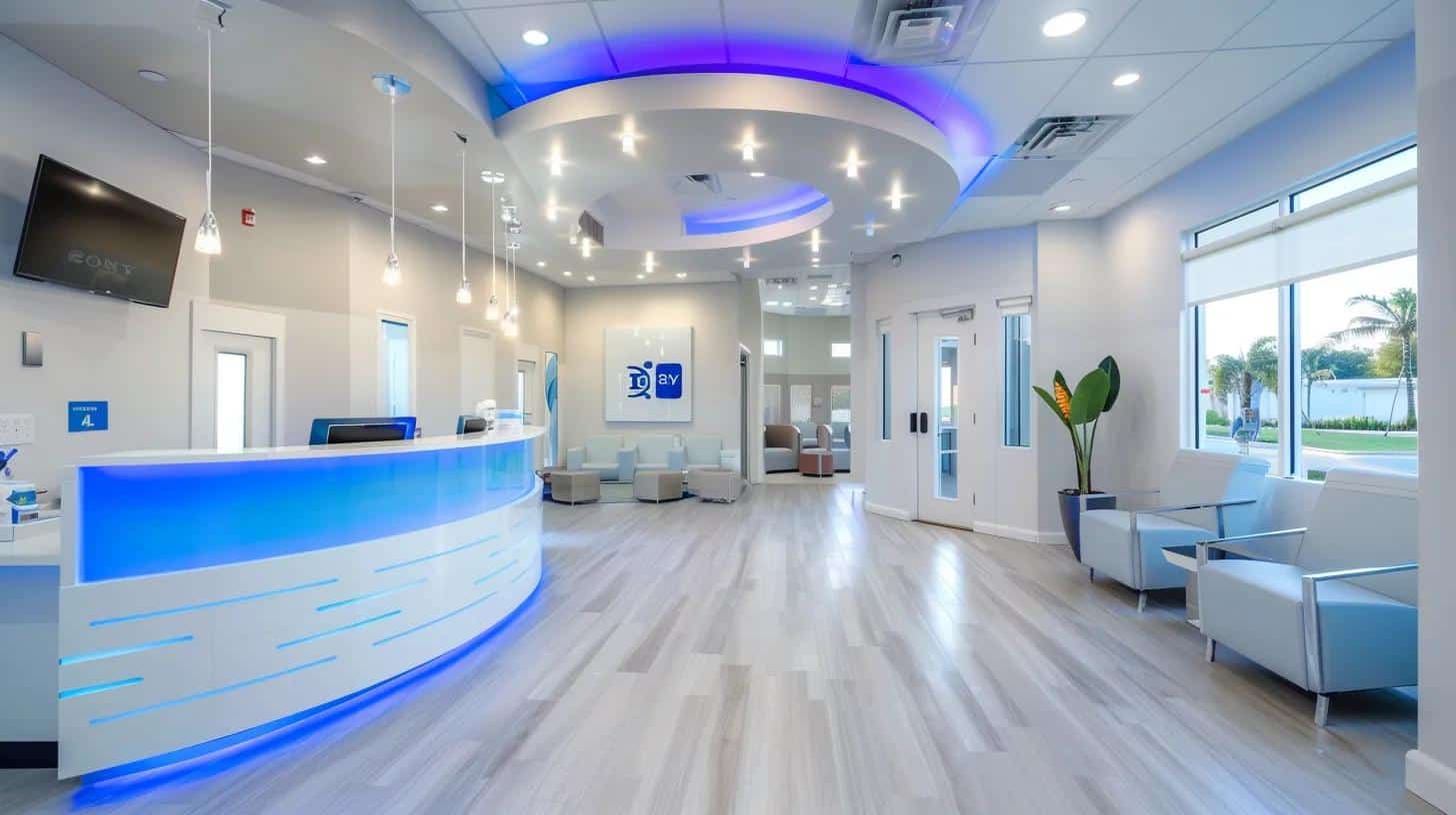 a sleek, modern dental clinic reception in lake worth, featuring advanced dental technology and vibrant branding, conveys the competitive edge and quality services available for dental implant replacements.