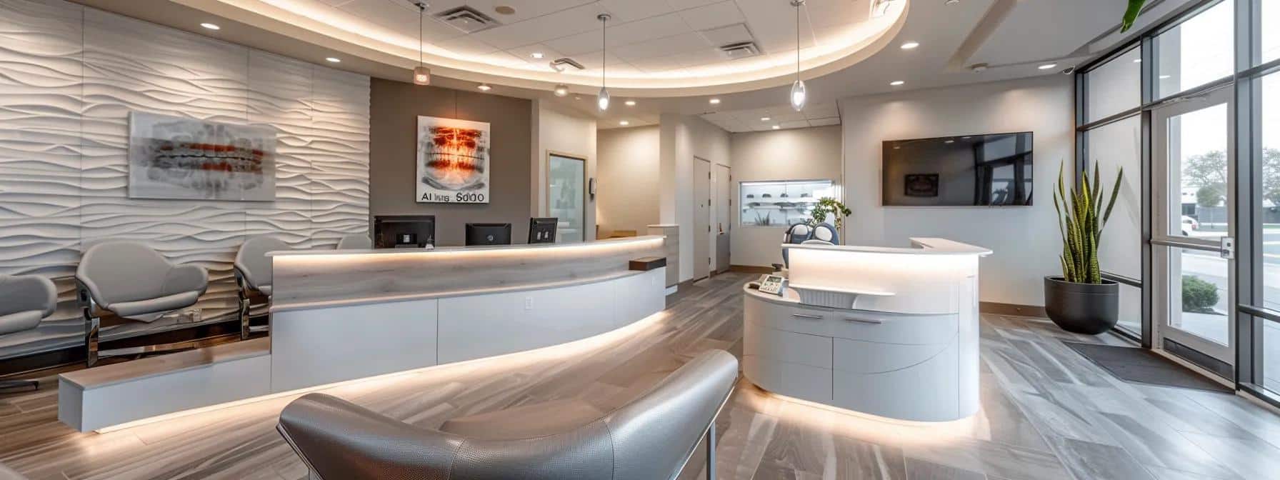 a sleek, modern dental clinic in granbury, texas, showcasing a polished reception area with bright lighting and advanced dental equipment, emphasizing the blend of comfort and cutting-edge technology for top-quality denture and implant services.