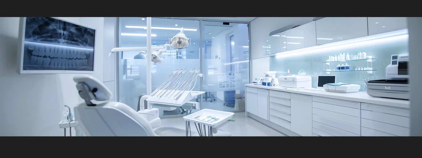a sleek, modern dental clinic interior featuring a dentist consulting a patient about various dental implant options, with high-tech equipment and a clear display of implant models in the background, conveying professionalism and innovation.
