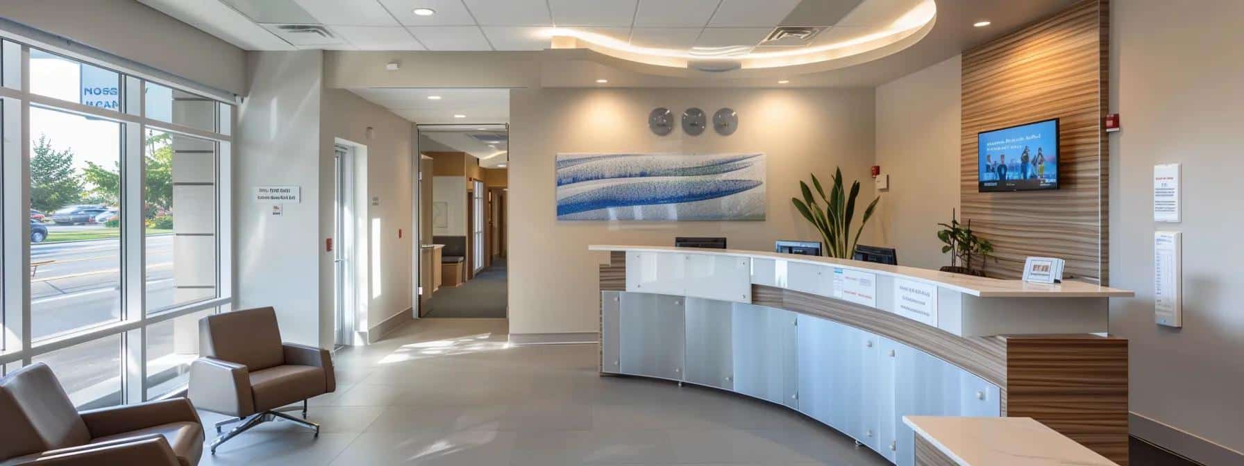 a sleek, modern dental clinic reception area with a polished front desk, comfortable seating, and informative brochures prominently displayed, capturing the essence of professionalism and care in the journey toward affordable dentures and implants.