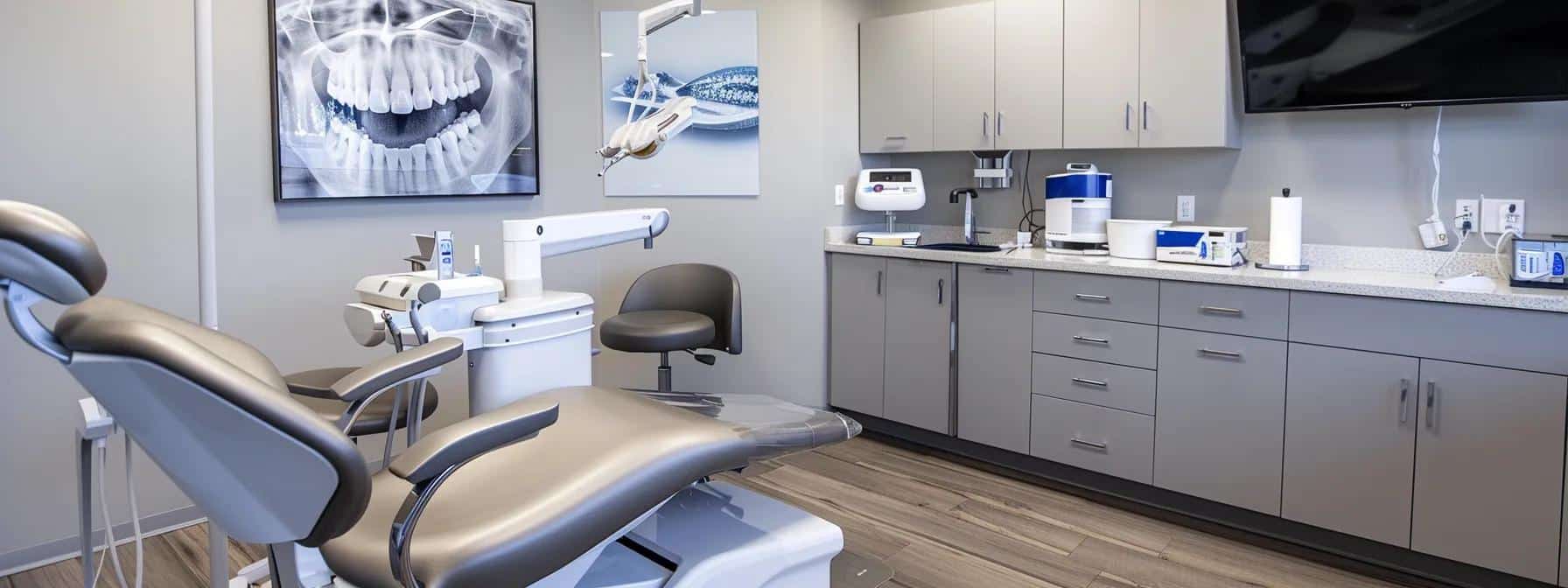 a sleek, modern dental clinic in denton is showcased, featuring a patient confidently smiling in a comfortable chair, with a gleaming dental implant display on the nearby counter under bright, focused lighting.