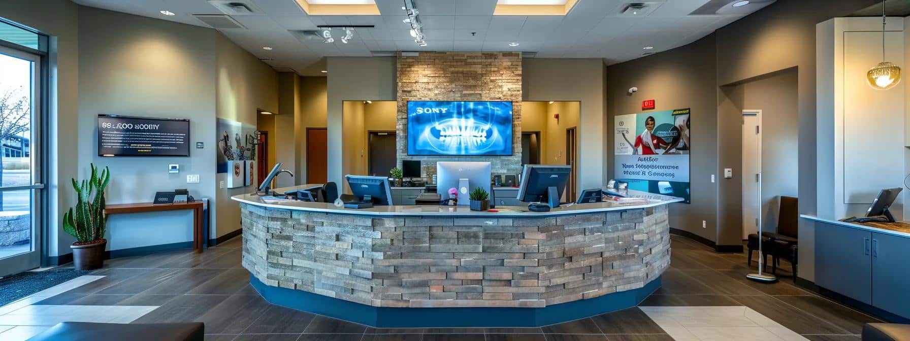 an inviting dental clinic reception area in tyler, texas, featuring modern decor and a large digital screen displaying glowing patient testimonials and before-and-after photos of successful denture and implant treatments.
