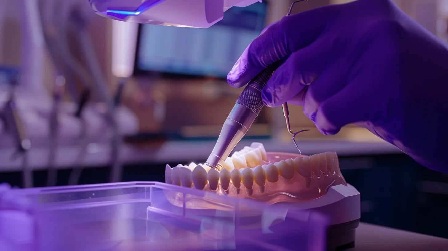 an ultra-modern dental office environment showcases a close-up of a dental professional demonstrating the gentle brushing technique around a dental implant on a sleek, high-tech dental model, with soft, focused lighting highlighting the precision of the method.