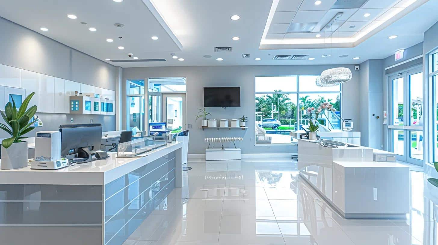 a bright and modern dental clinic in lake worth showcases an array of dental implants on a sleek, polished counter, highlighting the advanced materials and technology involved in the replacement process.