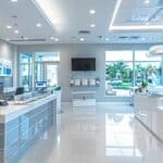 a bright and modern dental clinic in lake worth showcases an array of dental implants on a sleek, polished counter, highlighting the advanced materials and technology involved in the replacement process.