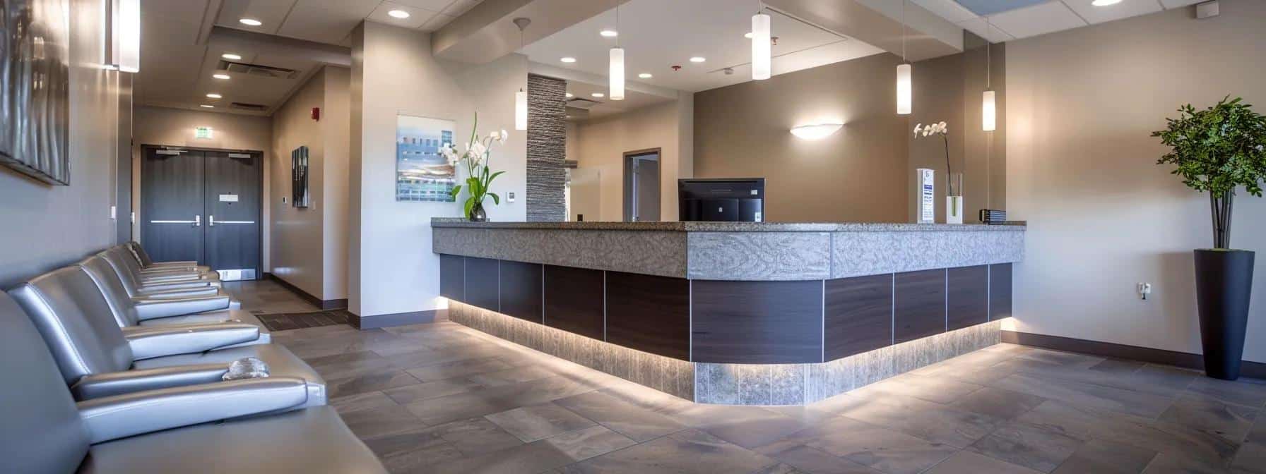 a clean, modern dental clinic waiting area in longview, tx, featuring a sleek reception desk and comfortable seating, illuminated with soft, inviting lighting to evoke a sense of calm and urgency for patients seeking emergency dental crown services.