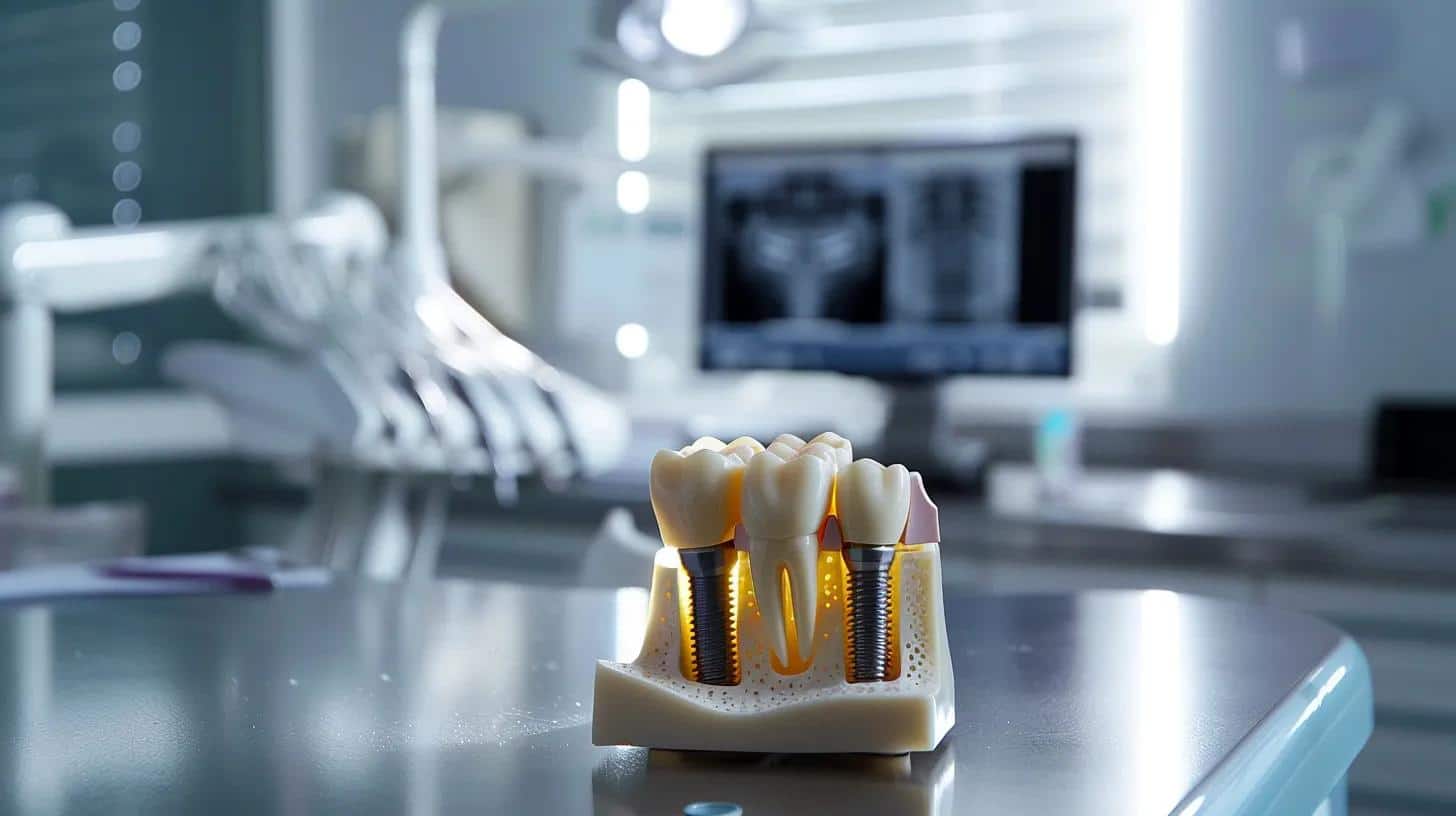 a clinical dental office scene captures a close-up of an implant model on a sleek countertop, with a focused spotlight highlighting subtle shadows and a digital monitor displaying dental x-rays in the background, conveying urgency and precision in identifying early signs of complications.