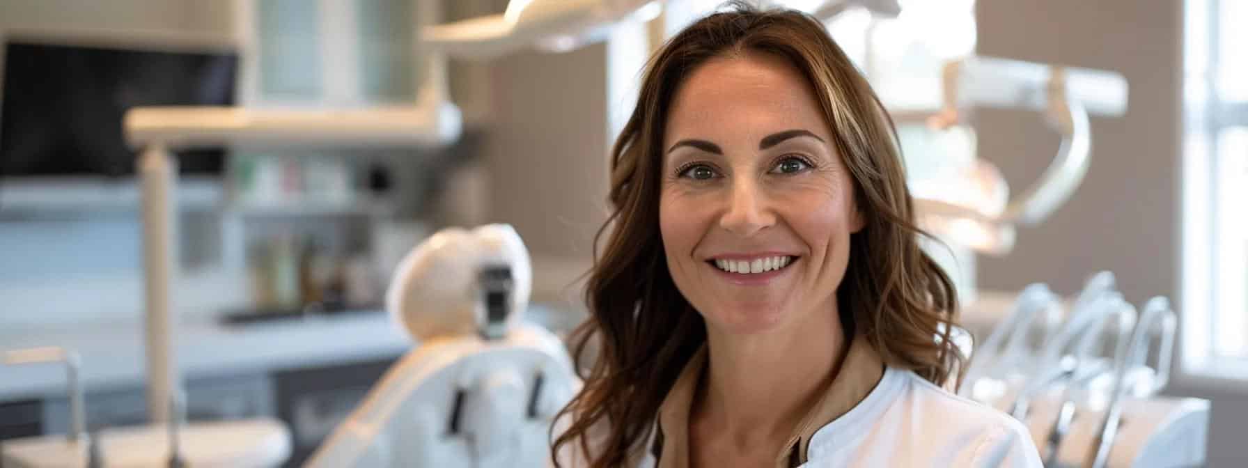 a confident individual in a modern dental office smiles brightly, showcasing their perfectly fitted dental implants, while surrounded by advanced dental equipment and an inviting, professional environment that emphasizes the transformative impact of restorative dental treatments on oral health and quality of life.