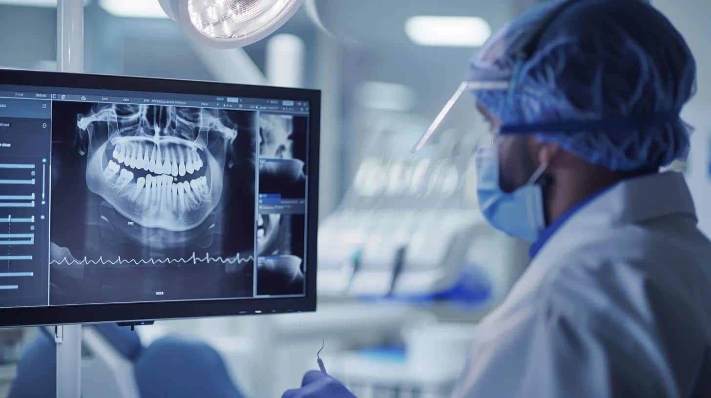 a focused dental office scene showcases a dental professional examining advanced imaging of a dental implant on a sleek screen, emphasizing the importance of precise diagnosis and meticulous post-operative care.
