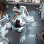 a focused overhead view of a neatly organized dental clinic consultation room, featuring a patient seated in a modern dental chair, with a concerned expression as a dentist discusses implant failure, highlighting the critical themes of patient experiences and professional care.