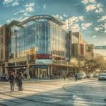 a focused urban scene depicting a bustling cleburne street with prominent signage for affordable root canal dental clinics, showcasing modern office buildings and diverse pedestrians engaging in everyday activities.