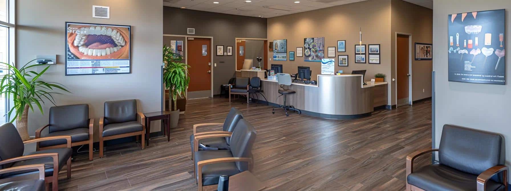 a modern, bustling dental office in denton, showcasing a welcoming reception area with sleek furniture and posters highlighting affordable dental and tree extraction services, all bathed in warm, inviting overhead lighting.