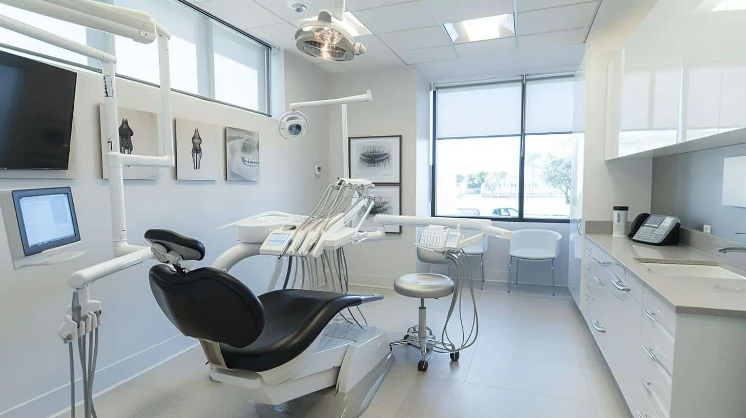 a modern dental clinic equipped with advanced implant tools, showcasing a confident patient discussing flexible payment plans with a professional financial advisor in a sleek, well-lit private consultation room.