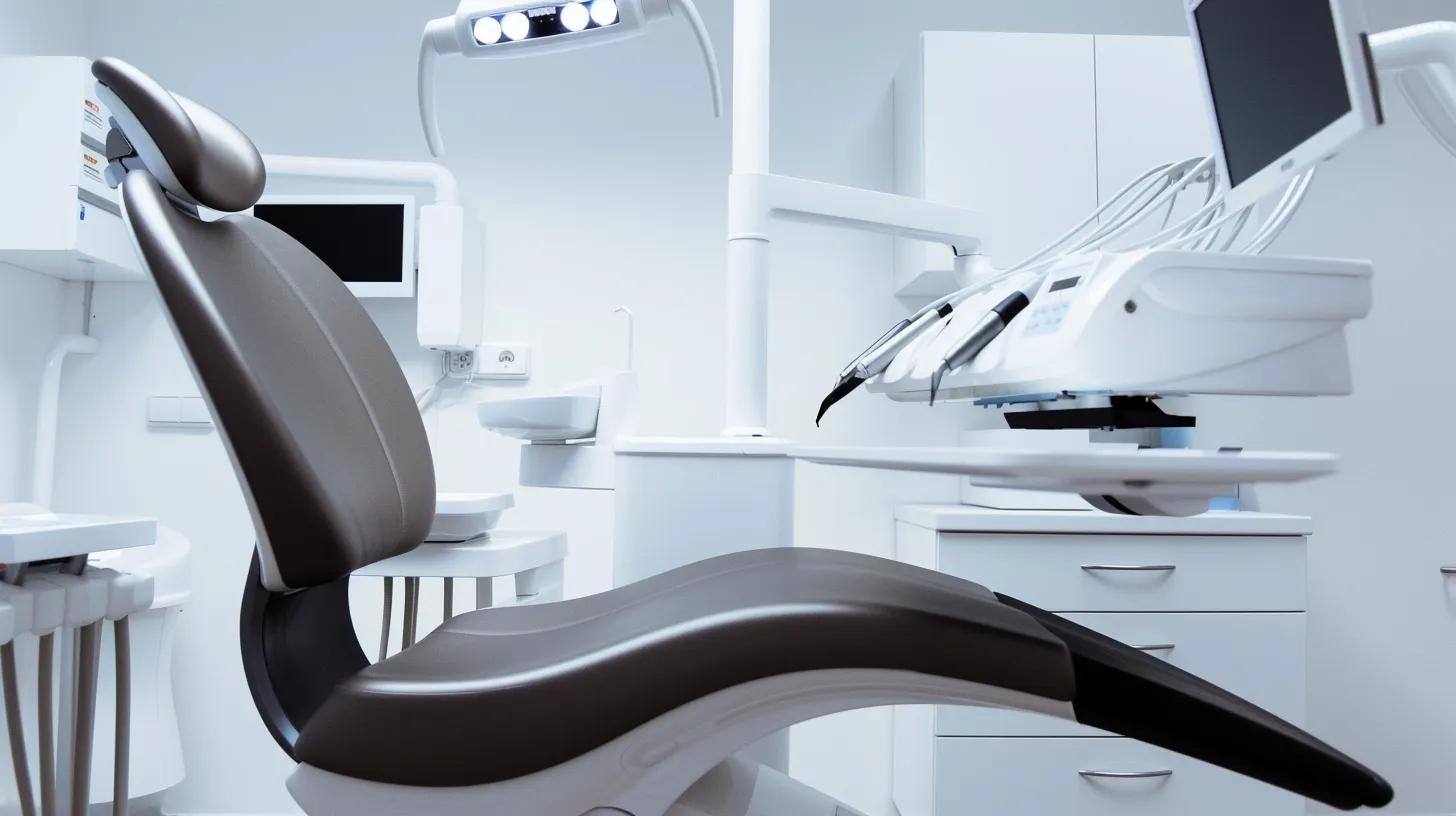 a modern dental clinic featuring a sleek, high-tech dental chair and advanced imaging equipment, showcasing a confident patient receiving a dental implant consultation with a smiling dentist, illuminated by bright overhead lights.