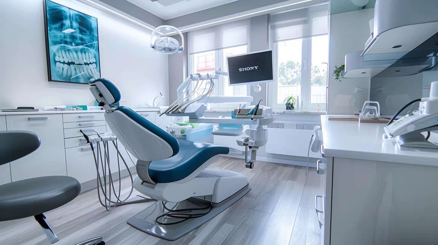 a modern dental clinic, featuring a sleek treatment room with professional dental tools and a calming ambiance, illustrates the multi-stage recovery process of dental implants, emphasizing the importance of care techniques and dietary adjustments for optimal healing.