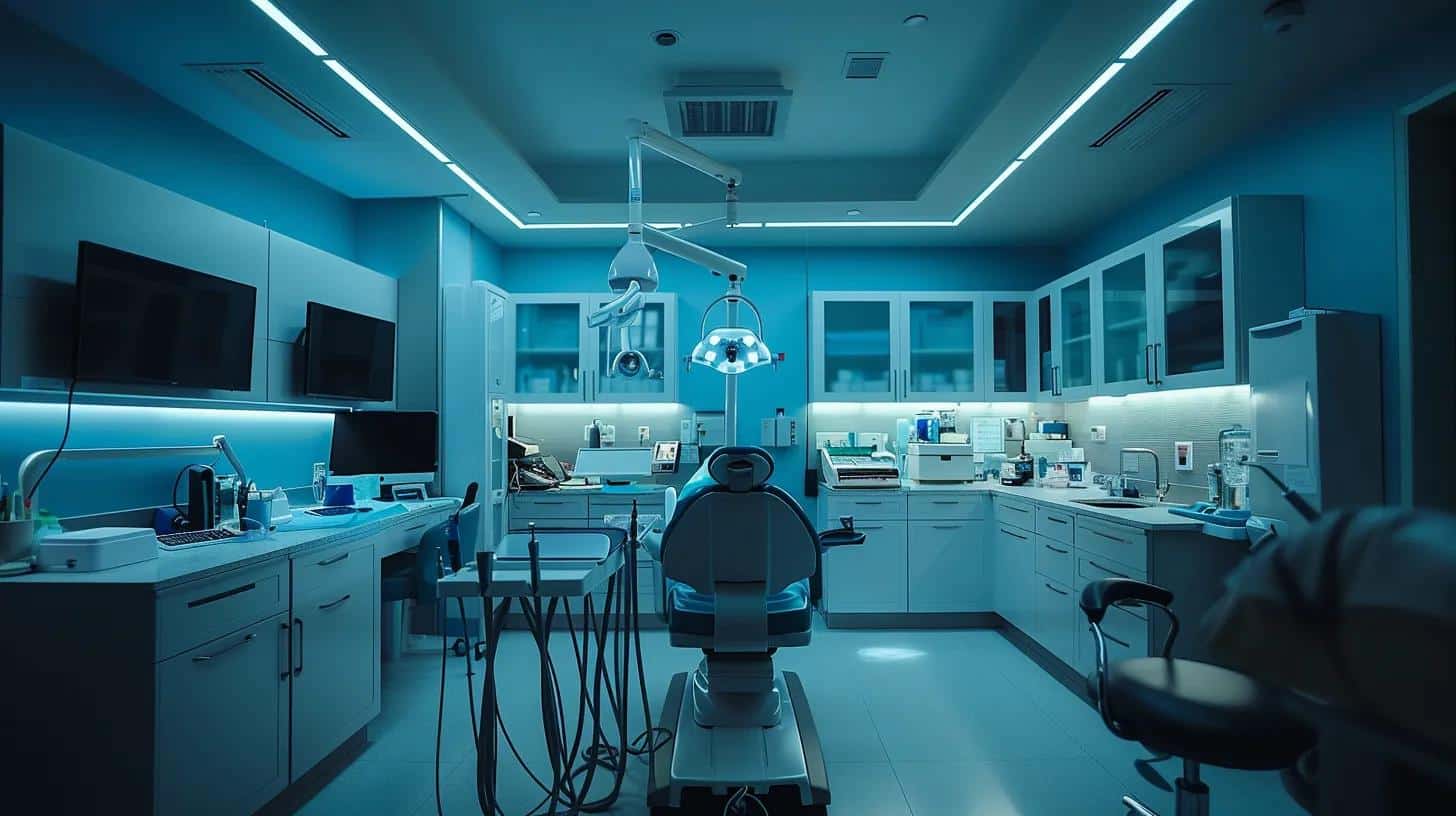 a modern dental clinic in lake worth, featuring a state-of-the-art surgical room equipped with advanced diagnostic tools, displays a focused dental professional preparing for a meticulous implant revision procedure, illuminated by bright clinical lighting.