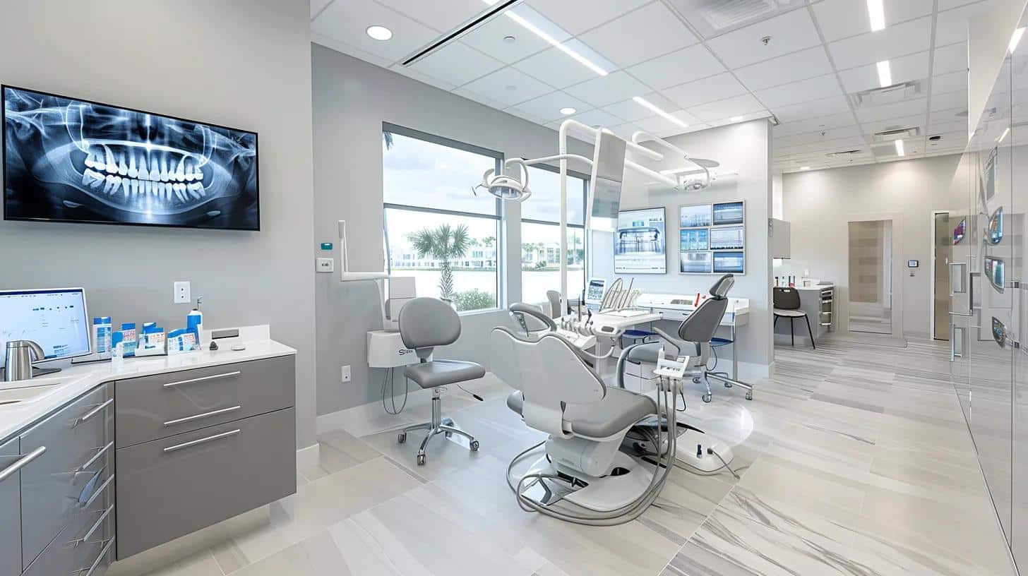 a modern dental clinic in lake worth showcases advanced technology like cbct imaging and digital planning screens, emphasizing a skilled dental professional consulting with a patient about implant options in a sleek, well-lit environment.