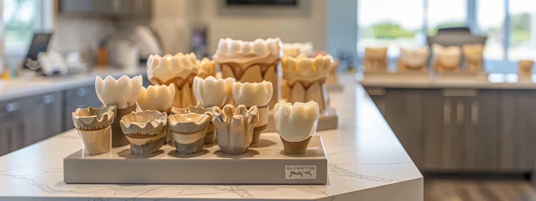 a modern dental clinic in longview, tx, showcases a range of meticulously arranged dental crowns displayed on an elegant countertop, emphasizing their diverse materials and styles under soft, focused lighting.