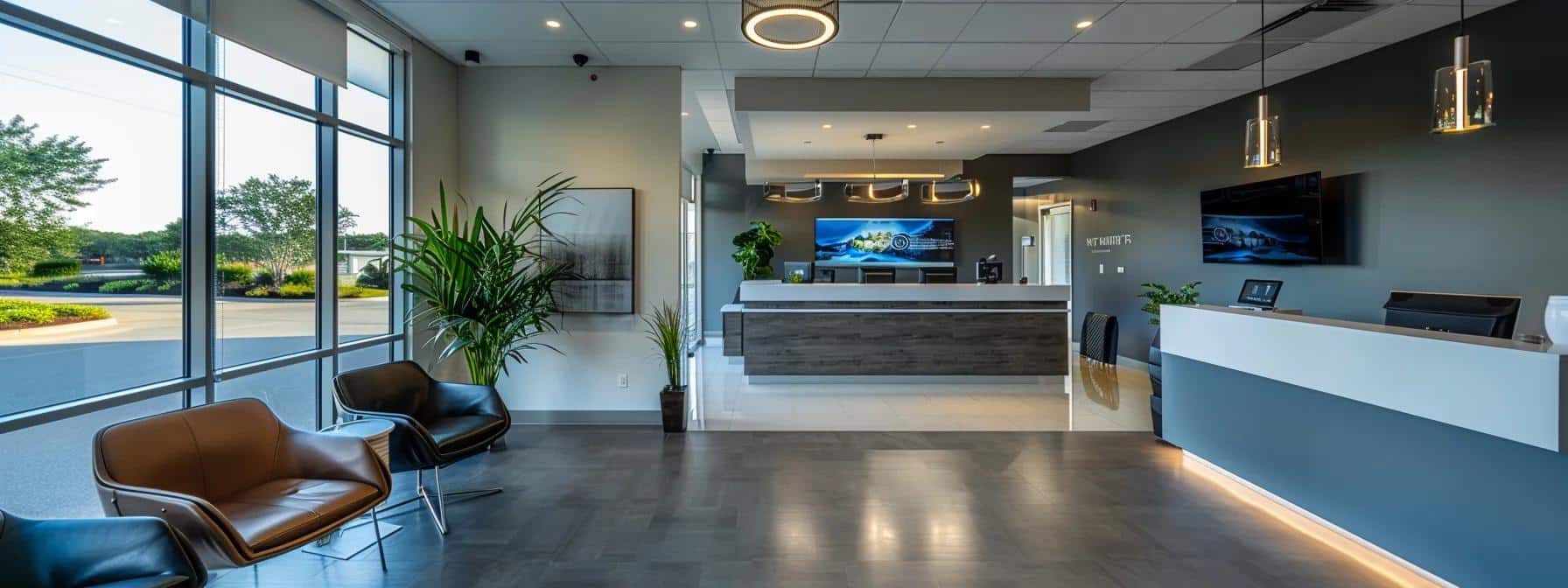 a modern dental clinic in mansfield, texas, features sleek, high-tech equipment and an inviting reception area, emphasizing the professionalism and advanced solutions available for dental implants and dentures.