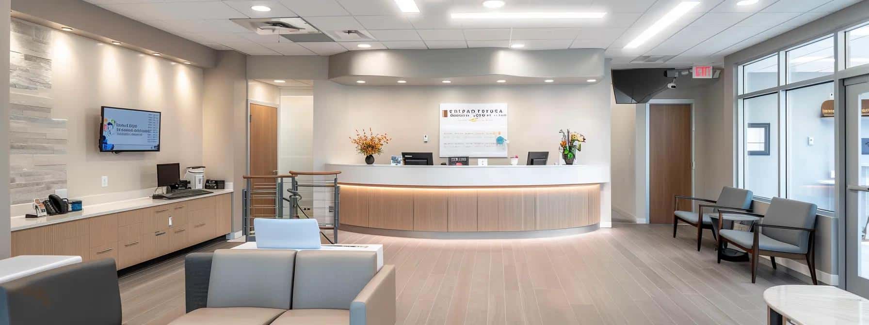 a modern dental clinic interior features a welcoming reception area with sleek furnishings and soft lighting, showcasing an engaging informational display about affordable dentures and implants that conveys professionalism and patient-centered care.