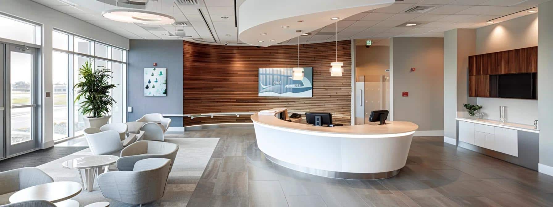 a modern dental clinic reception area, featuring a sleek display of flexible payment options and financing plans, with a welcoming ambiance that encourages patients to explore accessible dental crown treatments.