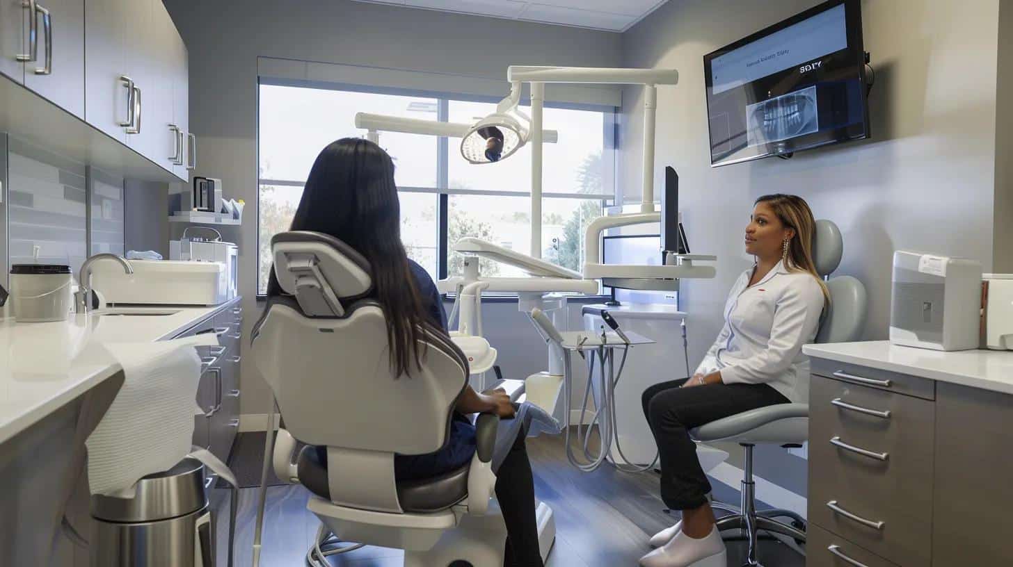 a modern dental office featuring a confident dentist discussing dental implant options with a patient, surrounded by advanced technology and a sleek, sterile environment, conveying professionalism and trust.