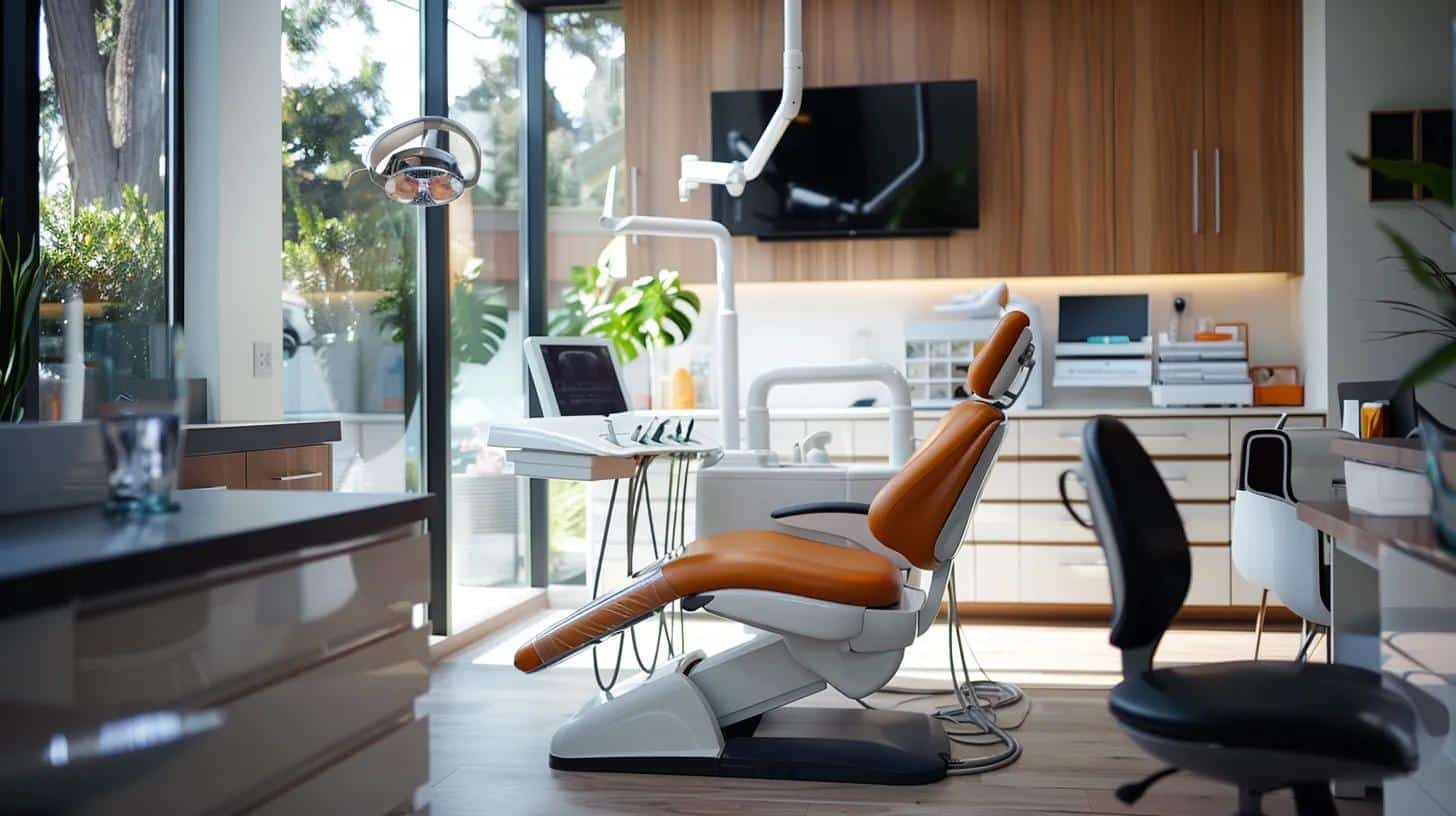 a modern dental office features a sleek, high-tech treatment room with a patient in the dental chair, as a confident dentist reviews implant options on a digital tablet, emphasizing the interplay of advanced technology and personalized care in dental implant procedures.
