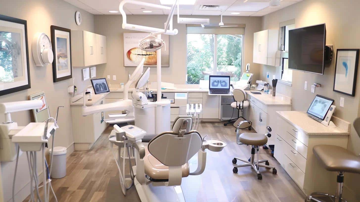 a modern dental office features a professional implant specialist reviewing patient files on a sleek tablet, surrounded by advanced dental equipment, conveying an air of expertise and trustworthiness.