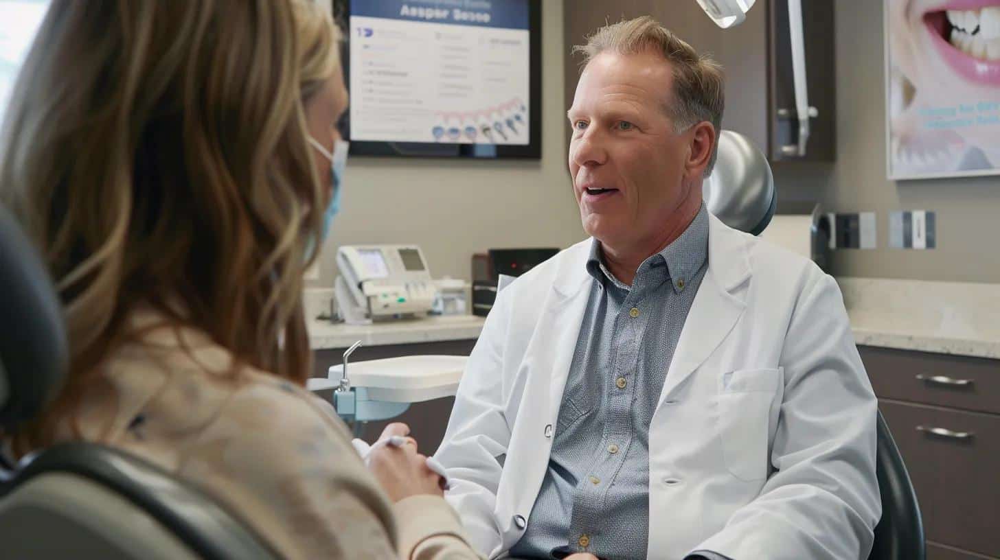 a modern dental office features a professional dentist discussing the importance of oral hygiene with an attentive middle-aged patient, surrounded by sleek equipment and informative posters on implant care.