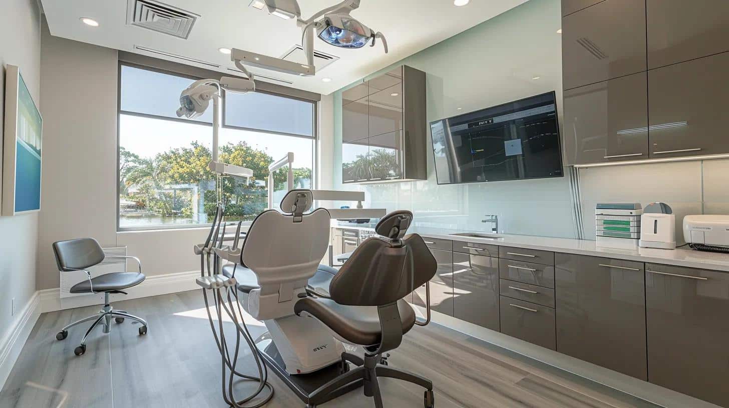 a modern dental office in lake worth features a sleek, well-lit consultation area with a high-tech dental chair and digital imaging equipment, emphasizing a professional and inviting atmosphere for discussing dental implant replacement options.