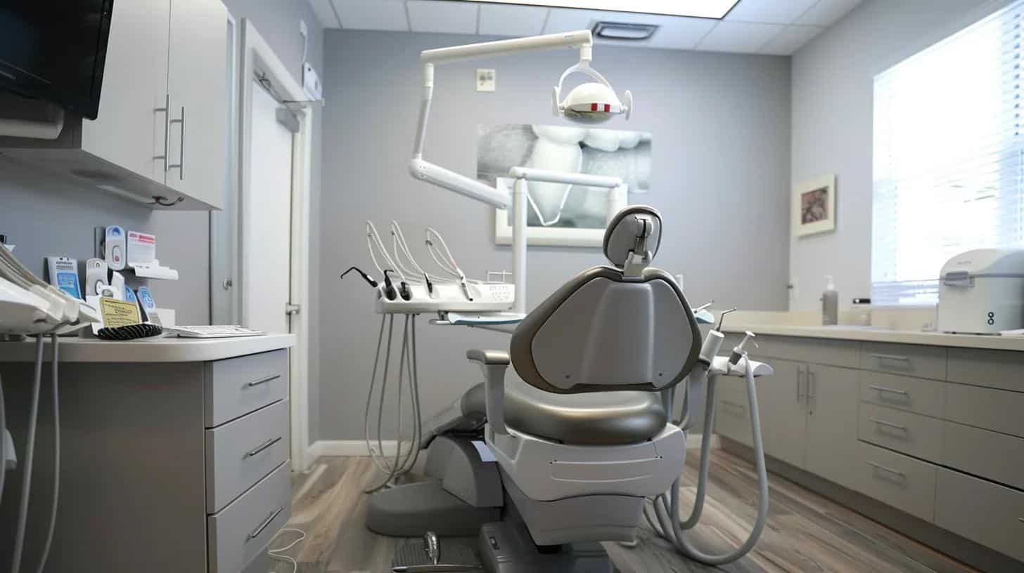 a modern dental office in lake worth, with a sleek examination chair under bright, clinical lights, showcasing advanced dental tools and visual aids on the walls, conveying a professional atmosphere for the dental implant replacement process.