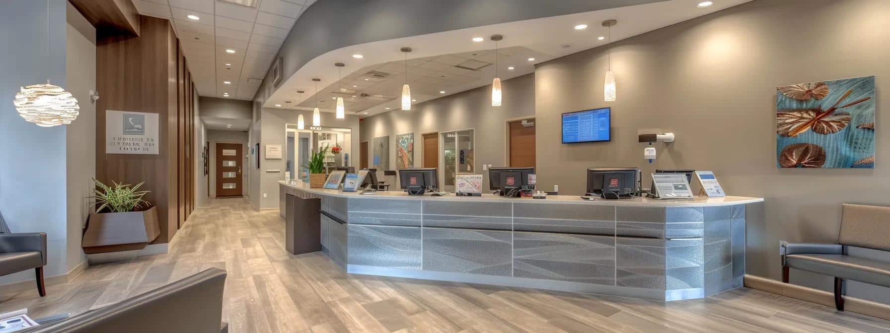 a modern dental office in lakeworth, featuring a sleek reception area filled with dental brochures showcasing various insurance plans and discount options, under warm, inviting lighting that creates a professional yet friendly atmosphere.