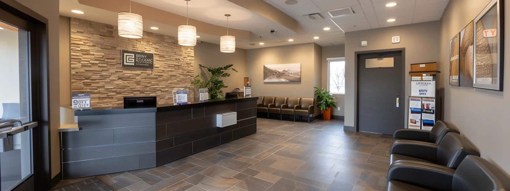 a modern dental office in mansfield, featuring a stylish waiting area with comfortable seating and informative brochures on various payment options for emergency dentistry, illuminated by soft overhead lighting.