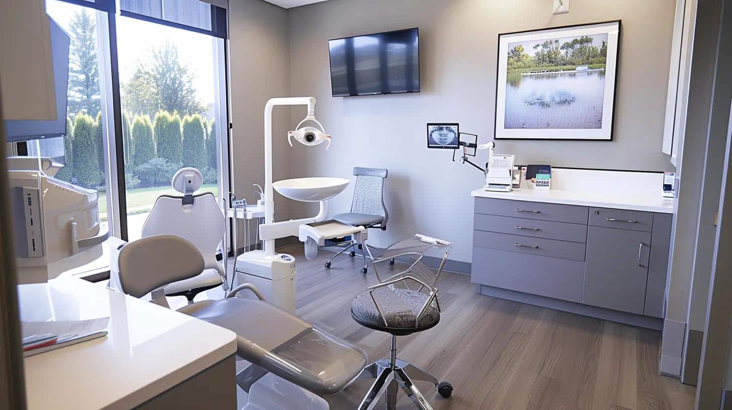 a modern dental office interior showcases advanced implant technology and a warm, welcoming atmosphere, highlighting a professional dentist engaging with a patient during a free consultation about dental implant replacement options.
