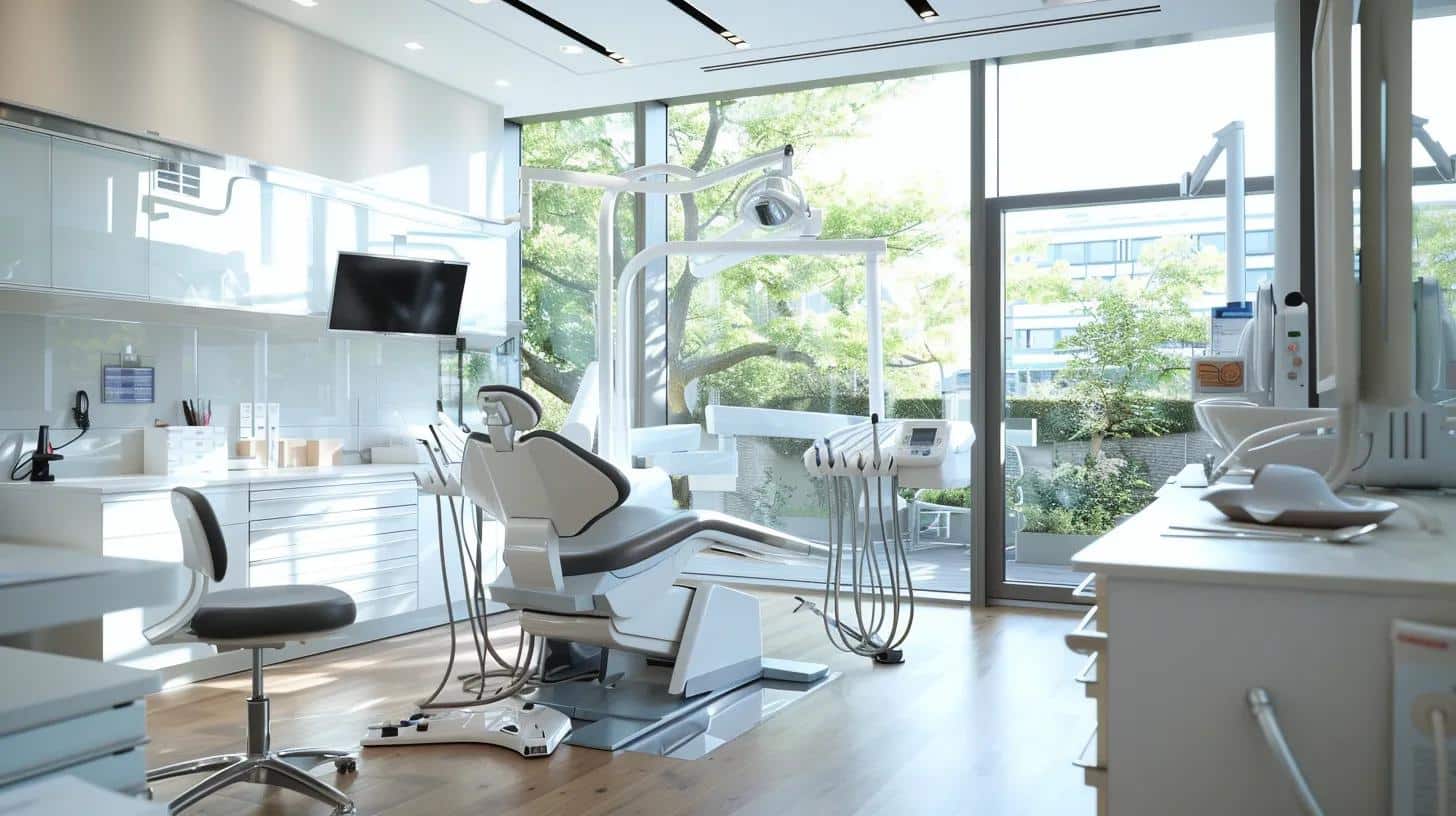 a modern dental office setting with a focus on a sleek dental chair, surrounded by advanced dental tools and equipment, highlighting a professional dentist discussing oral hygiene practices with a patient to emphasize the importance of maintaining dental implants for long-term success.