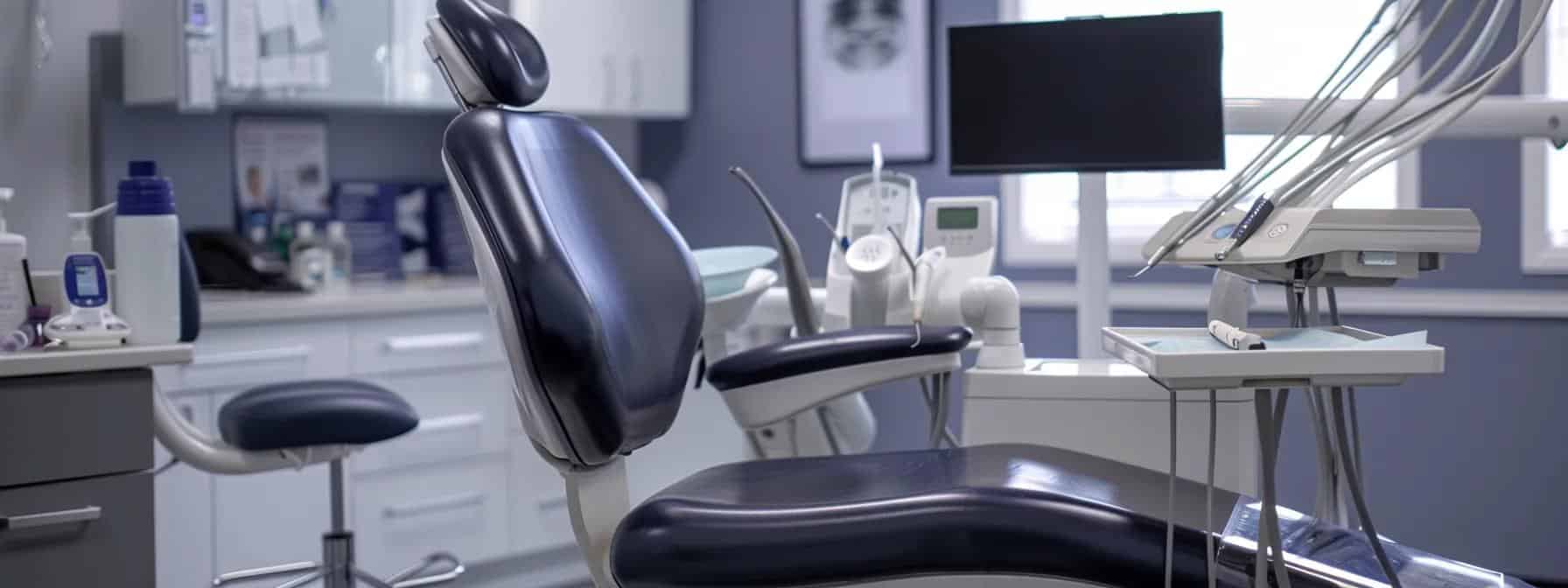 a modern dental office with a sleek, well-equipped treatment chair and informational brochures displayed, visually conveying a sense of professionalism and reassurance about root canal procedures in cleburne.