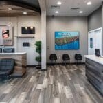 a modern urban dental office in denton, texas, showcasing a clean and inviting reception area with vibrant dental posters and friendly staff ready to assist patients in need of affordable emergency care.