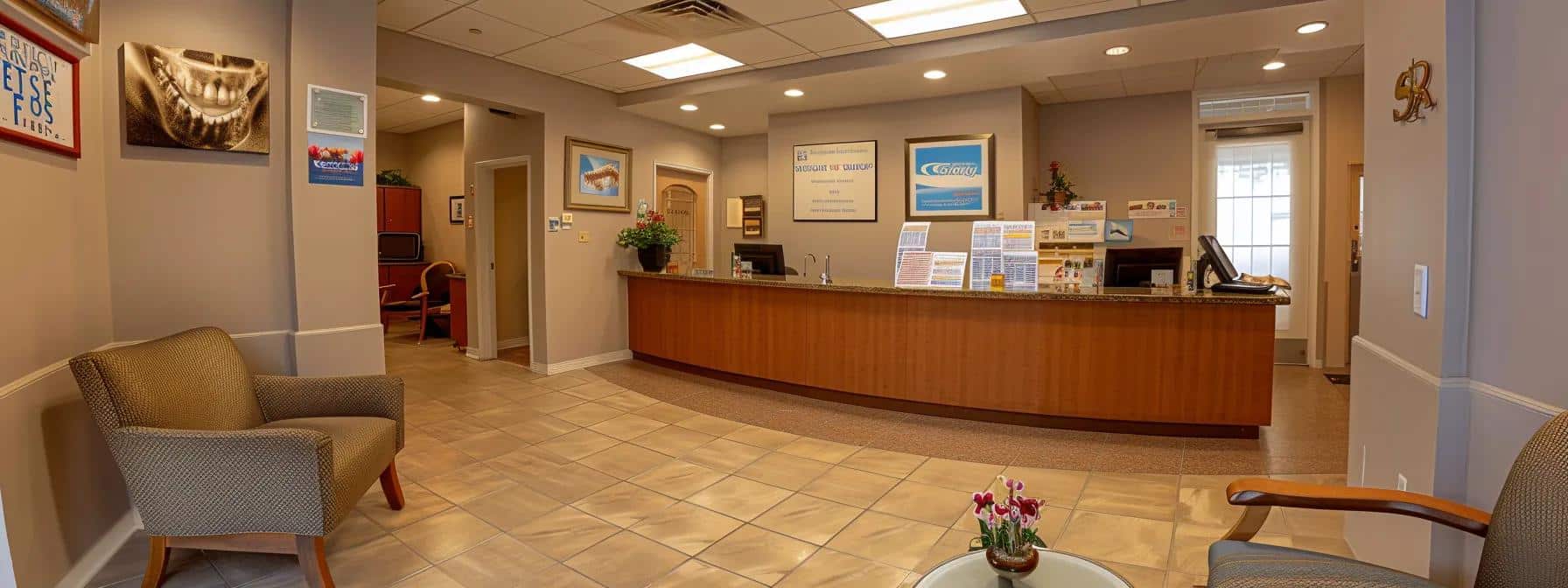 a professional dental clinic interior showcases a friendly consultation space, featuring a welcoming reception area with brochures on financing options for affordable dentures and implants prominently displayed.