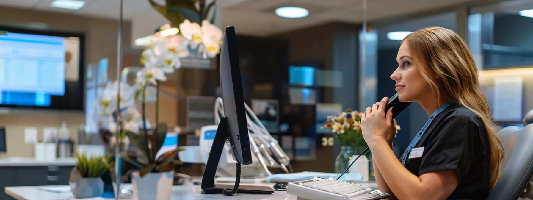 a sharply focused view of a modern dental office reception area, showcasing a friendly dental assistant on the phone, navigating an online directory while emergency dental appointment details are visibly displayed on a sleek computer screen.